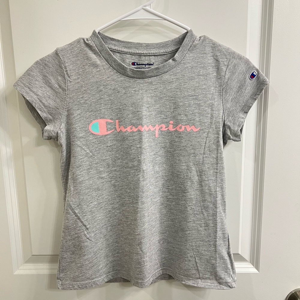 Champion Heather Gray Short Sleeve T-shirt with Pink Logo | Size Youth Large